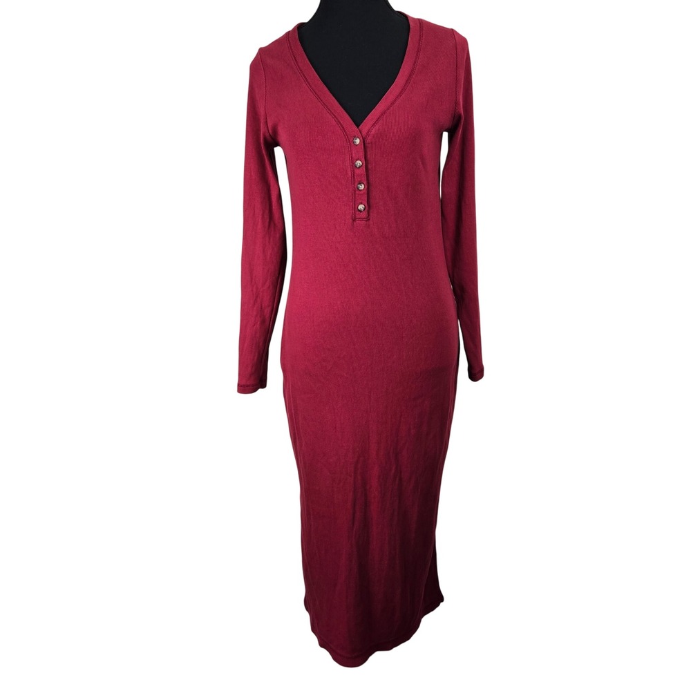 Old Navy Burgundy‎ Red Knit Midi Dress Large Bodycon Henley Casual Ribbed Lounge